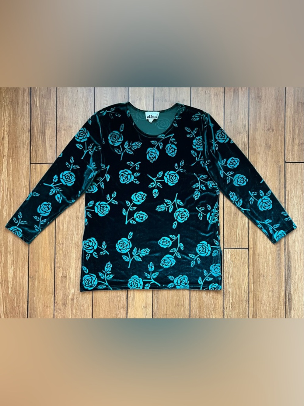 Creazioni Effeci Dark Green Velvet Long-Sleeve Top/Floral Burnout Pattern Size M